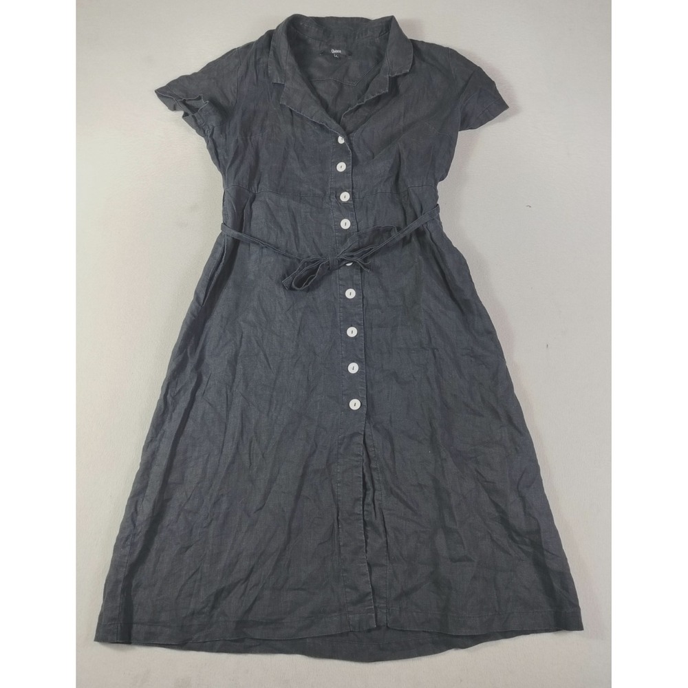 Quince Dress Womens Large Gray Linen Button Front Tie Shirt Dress Midi Belted